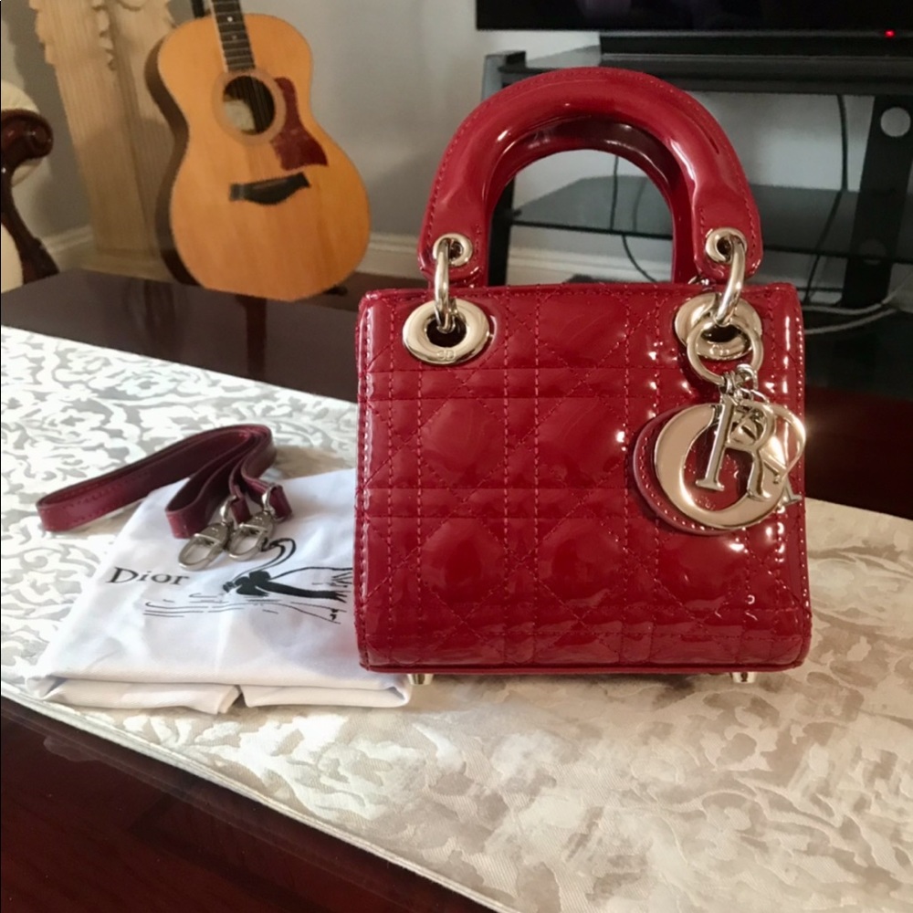 Christian dior lady dior size mini red patent leather bag